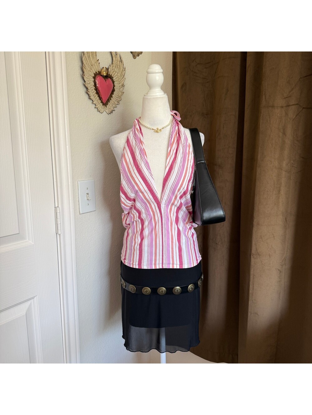 Loft Pink and White Striped Halter Top Cotton Blend Women's Sz M